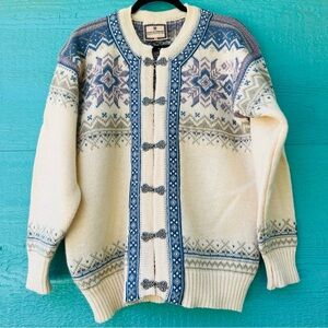 Classic Dale of Norway Fair Isle Cardigan — Cream w/ Blue & Purple